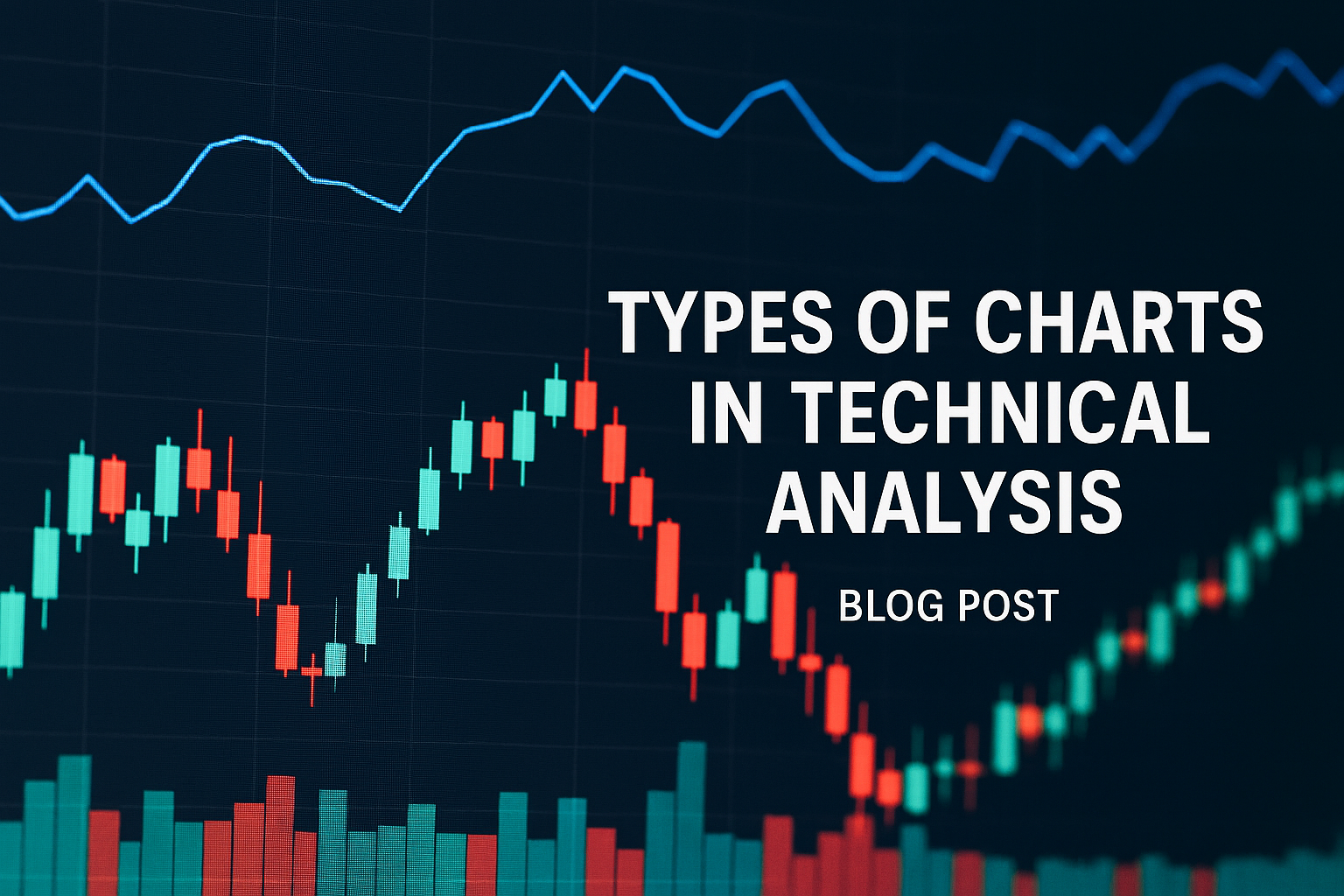A composite image showing candlestick charts, line graphs, and bar charts against a dark background with “Types of Charts in Technical Analysis” text.